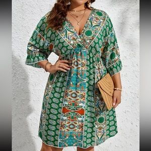 Boho Floral Paisley Tribal Print Batwing Sleeve Dress